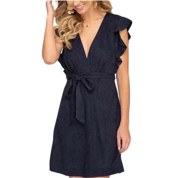 She + Sky Dresses & Skirts - She + Sky Ruffle Sleeve Navy Dress Medium